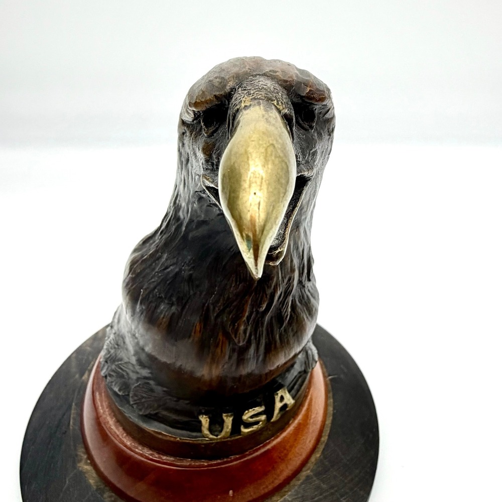 Heavy Cast Brass Bronze Bald Eagle Head Bust Sculpture USA Wood Base 8"‎ - Picture 14 of 16